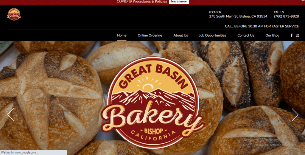 Homepage for Great Basin Bakery / Link: https://greatbasinbakerybishop.com/