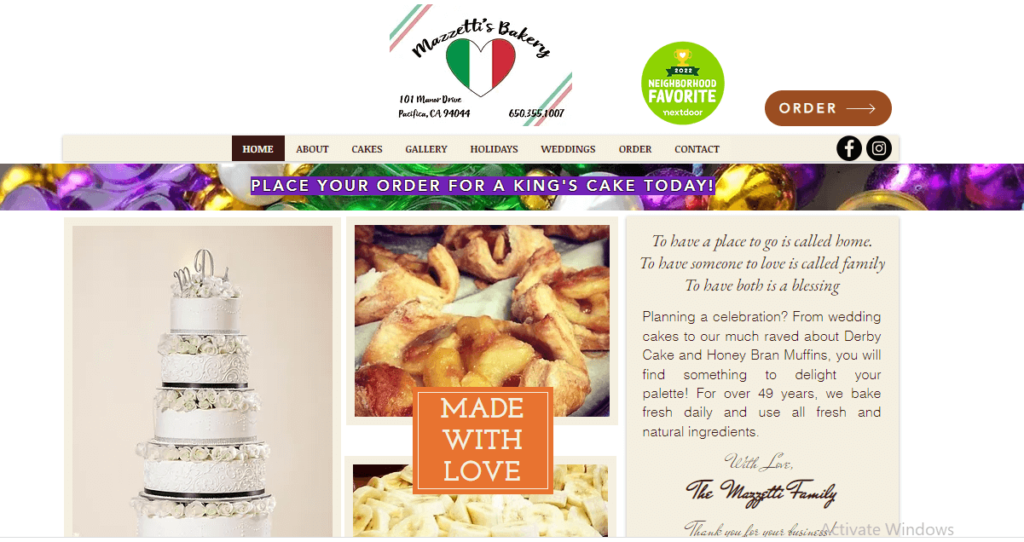 Homepage of Mazzetti's Bakery / 
Link: https://www.mazzettisbakery.com/