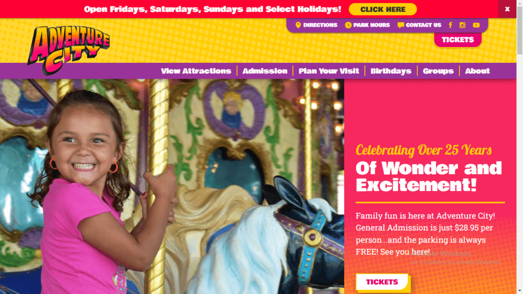 Homepage of Adventure City's website / adventurecity.com
