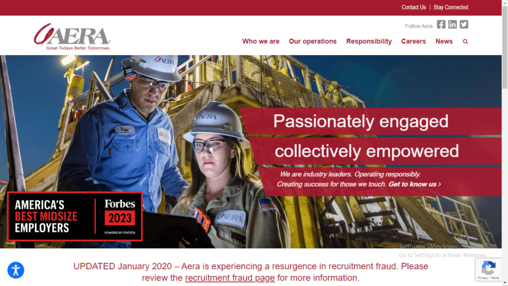 Homepage of Aera Energy LLC's website / aeraenergy.com