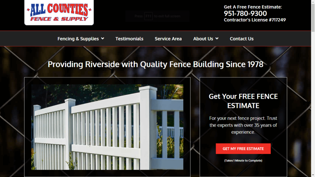 Homepage of All Counties Fences & Supply's Website / allcountiesfenceandsupply.com