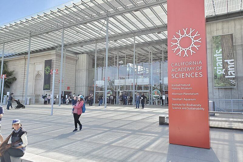 The main entrance of the California Academy of Sciences / Wikimedia Commons / Buzzlovestravel
Link: https://commons.wikimedia.org/wiki/File:CaliforniaAcademyOfSciencesMainEntrance1.jpg