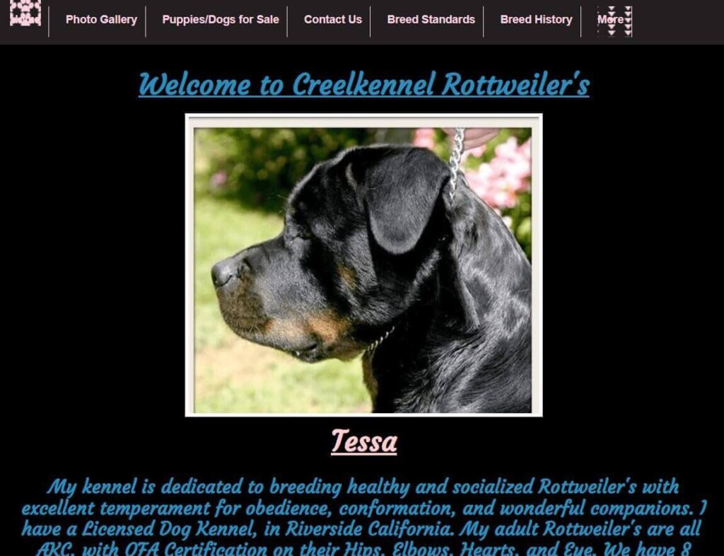 Homepage of Creel Kennel Rottweilers / creelkennel.com
Link:
https://www.creelkennel.com/
