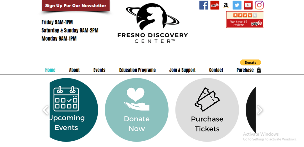 Homepage of Fresno Discovery Center's website / fresnodiscoverycenter.org
