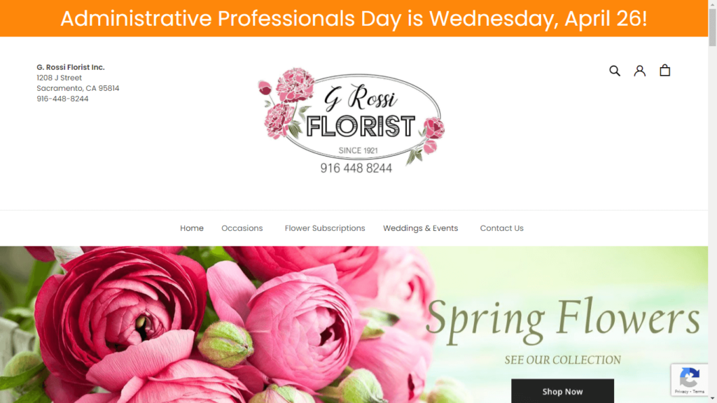 Homepage of G Rossi Florist's website / grossiflorist.com