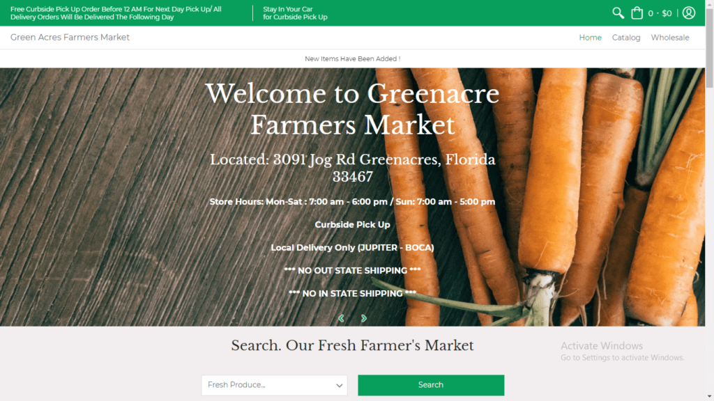 Homepage of Green Acres Farmers Market's website / greenacresfarmersmarket.com