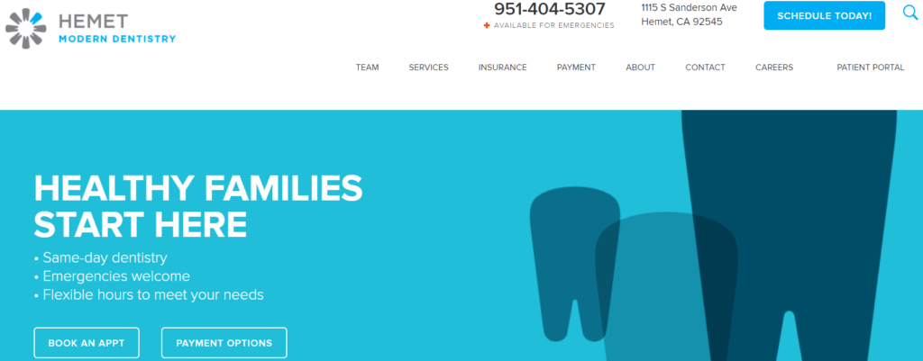 Homepage of Hemet Modern Dentistry / hemetmoderndentistry.com
Link:
https://www.hemetmoderndentistry.com/