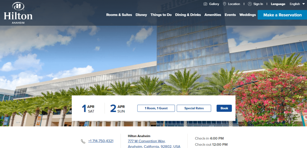 Homepage of Hilton Anaheim's website / hilton.com