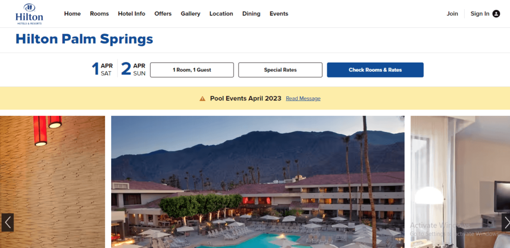 Homepage of Hilton Palm Springs' website / hilton.com