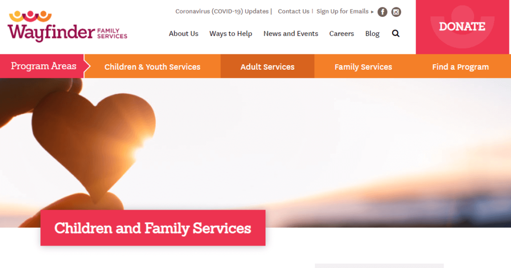 Homepage of Lilliput Families / Link: wayfinderfamily.org/program/children-and-family-services