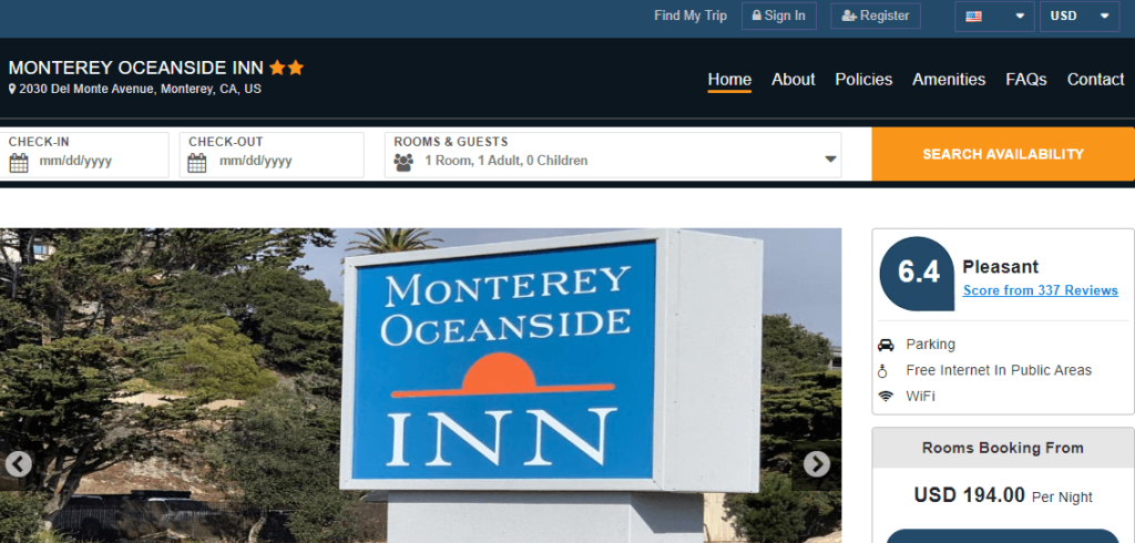 Homepage of Monterey Oceanside Inn / Link: montereyoceansideinn.us