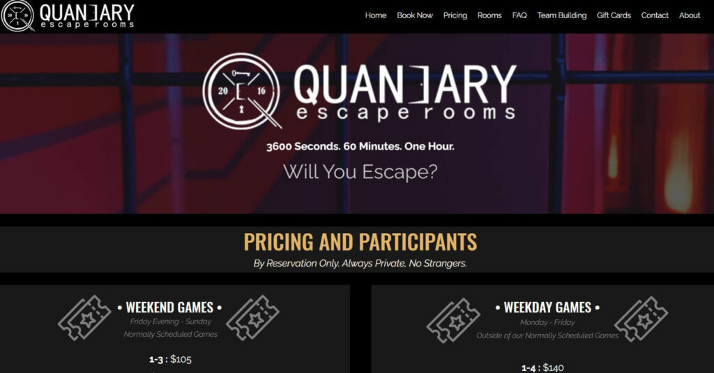Homepage of Quandary Escape Rooms / quandaryescaperooms.com
Link: https://www.quandaryescaperooms.com/
