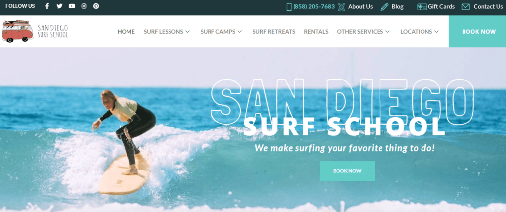 Homepage of San Diego Surf School / 
Link: sandiegosurfingschool.com/