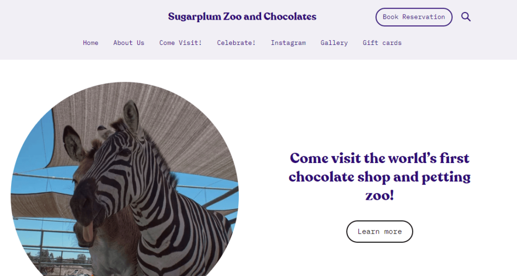 Homepage of Sugarplum Zoo / 
Link: www.sugarplumzootemecula.square.site