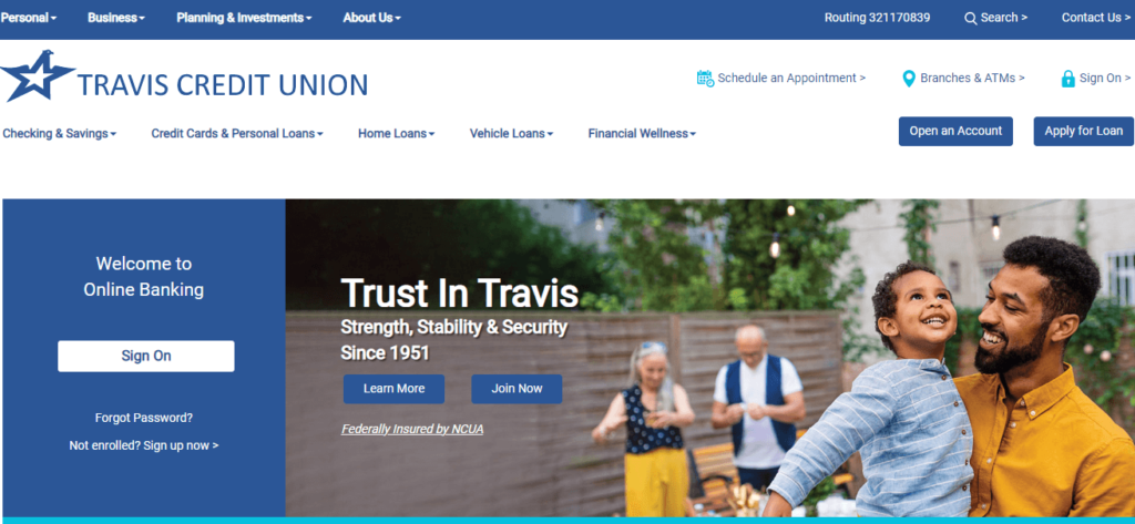 Homepage of Travis Credit Union / 
Link: traviscu.org