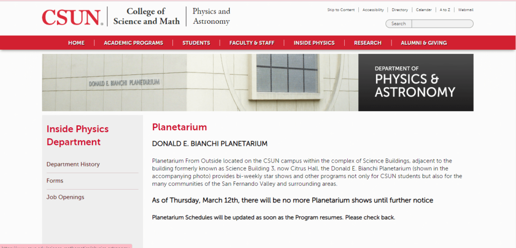 Homepage of CSUN Bianchi Planetarium / csun.edu