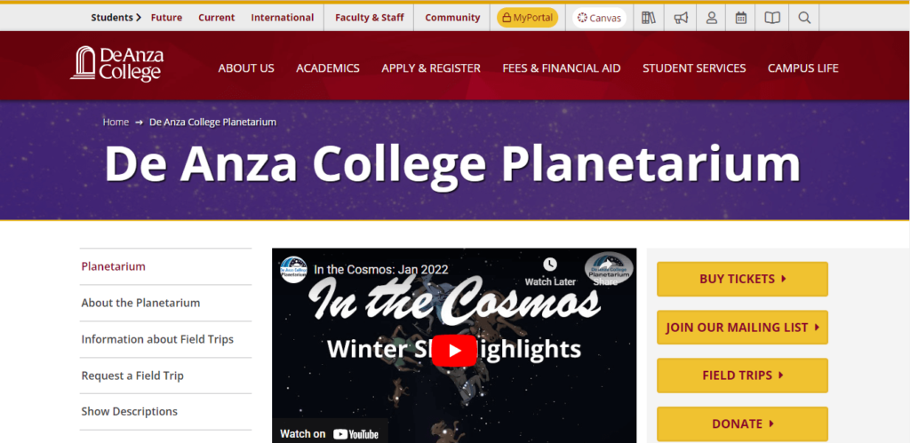 Homepage of De Anza College Planetarium / deanza.edu