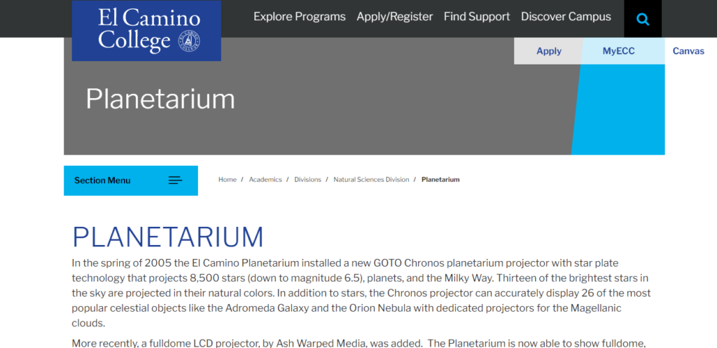 Homepage of El Camino College Planetarium / elcamino.edu