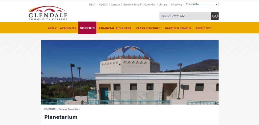 Homepage of Glendale Community College Planetarium / glendale.edu