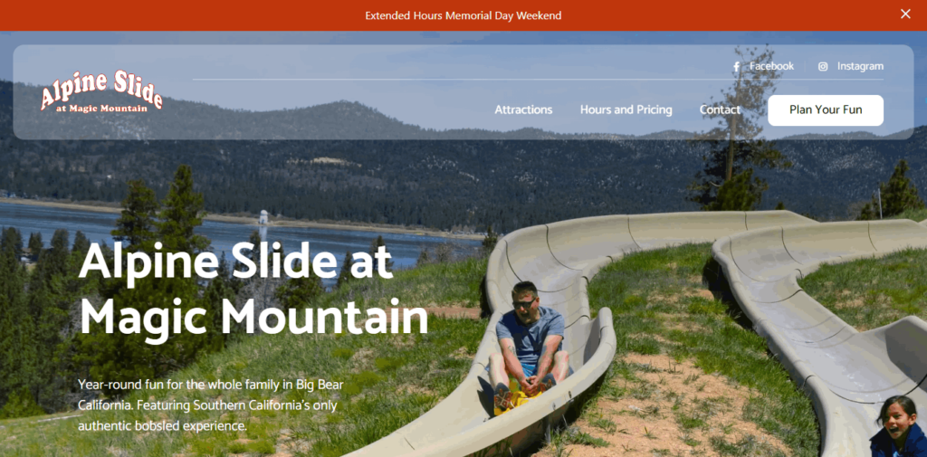Homepage Of Alpine Slide at Magic Mountain / https://alpineslidebigbear.com/
Link: https://alpineslidebigbear.com/
