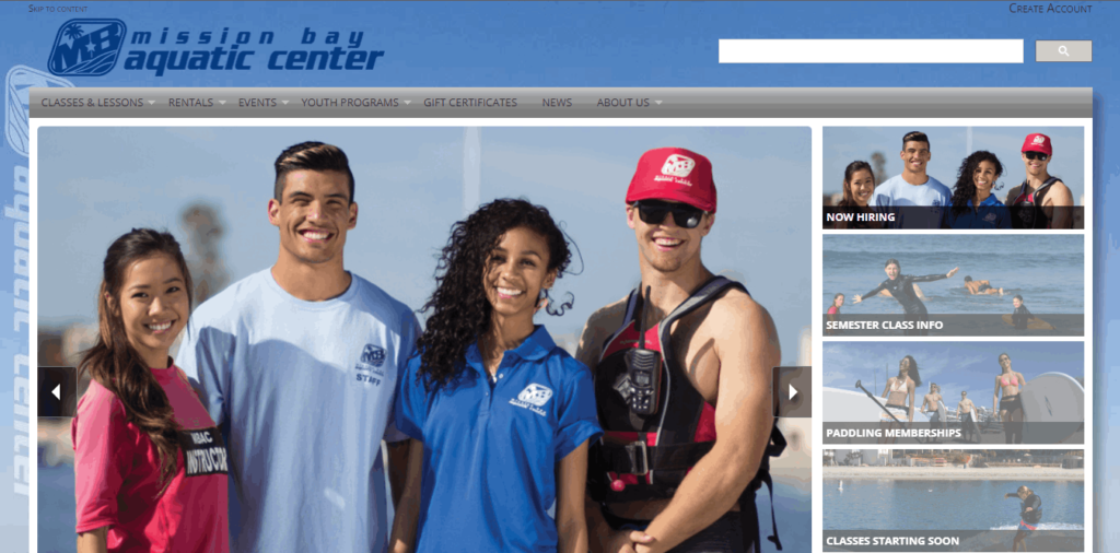 Homepage of Mission Bay Aquatic Center / https://mbaquaticcenter.com/
Link: https://mbaquaticcenter.com/