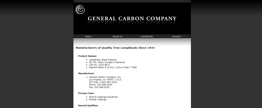 Homepage of General Carbon Company-Superfine Lampblacks' website / generalcarboncompany.com