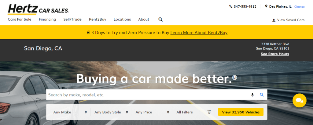 Homepage of Hertz Car Sales San Diego's website / hertzcarsales.com