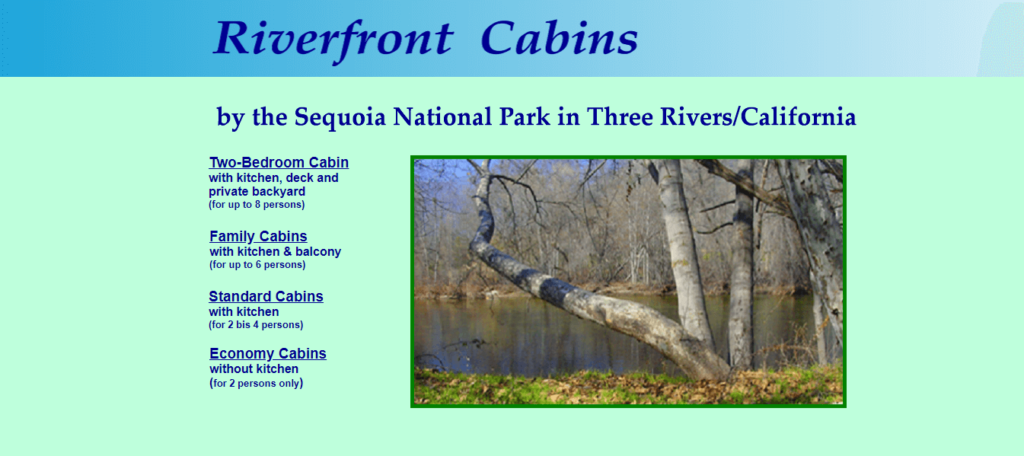 Homepage of the Sequoia Riverfront Cabins' website / sequoiariverfrontcabins.com