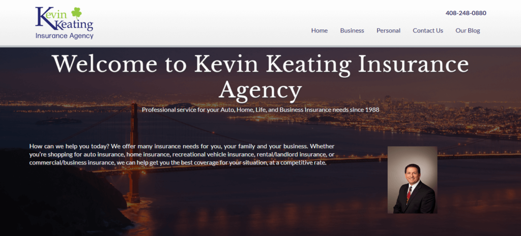Homepage of Kevin Keating Insurance / Link: kevinkeatinginsurance.com