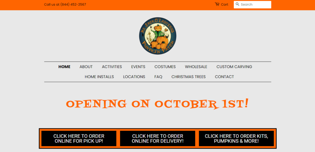 Homepage of Mr. Jack O' Lanterns Pumpkin Patch / mrjackolanternspumpkins.com
