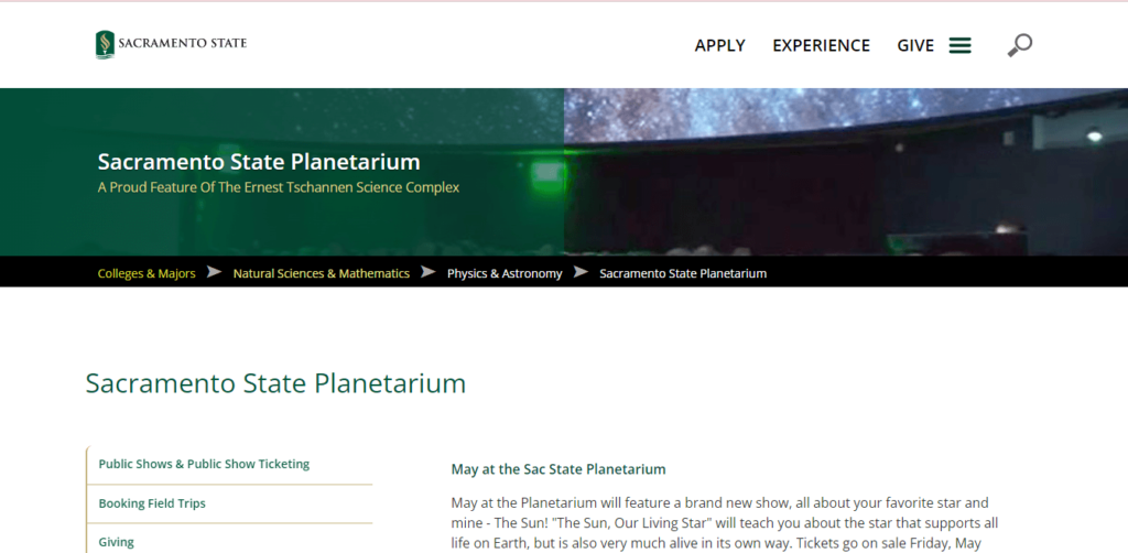 Homepage of Sacramento Planetarium / csus.edu