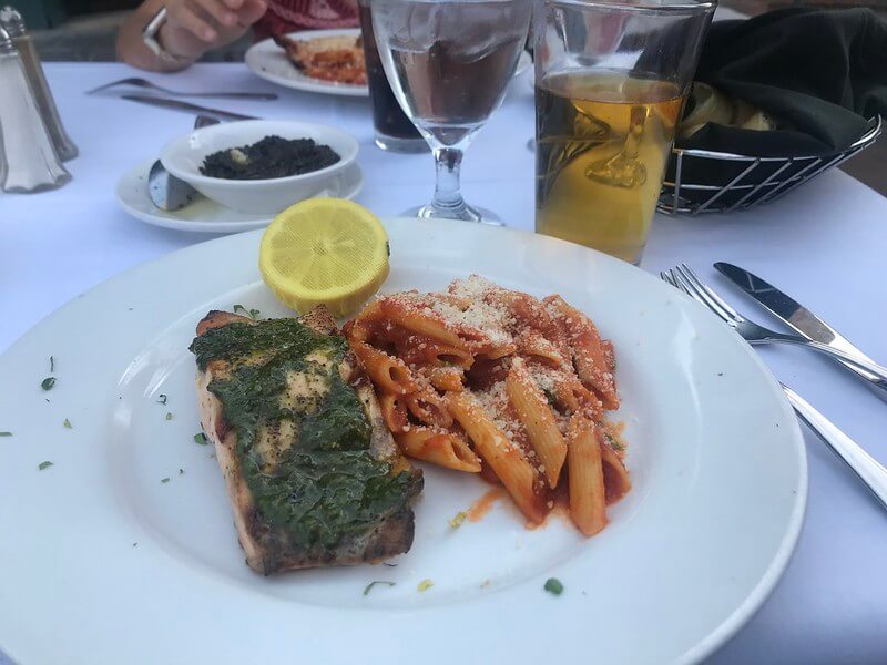 Salmon with pesto and penne pasta at Sammy G.'s Tuscan Grill / Flickr
https://flic.kr/p/2owMNjT