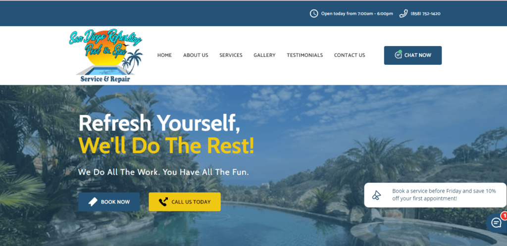 Homepage of San Diego Refreshing Pool & Spa / sandiegorefreshingpool.com