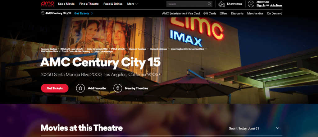 Homepage of AMC Century City 15 / Link: amctheatres.com