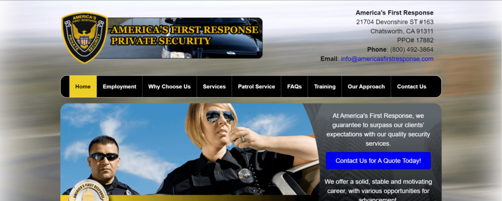 Homepage of America's First Response Private Security / americasfirstresponse.com