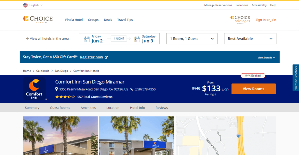 Homepage of Comfort Inn San Diego Miramar / https://www.choicehotels.com/california/san-diego/comfort-inn-hotels/cac37?mc=llgoxxpx
