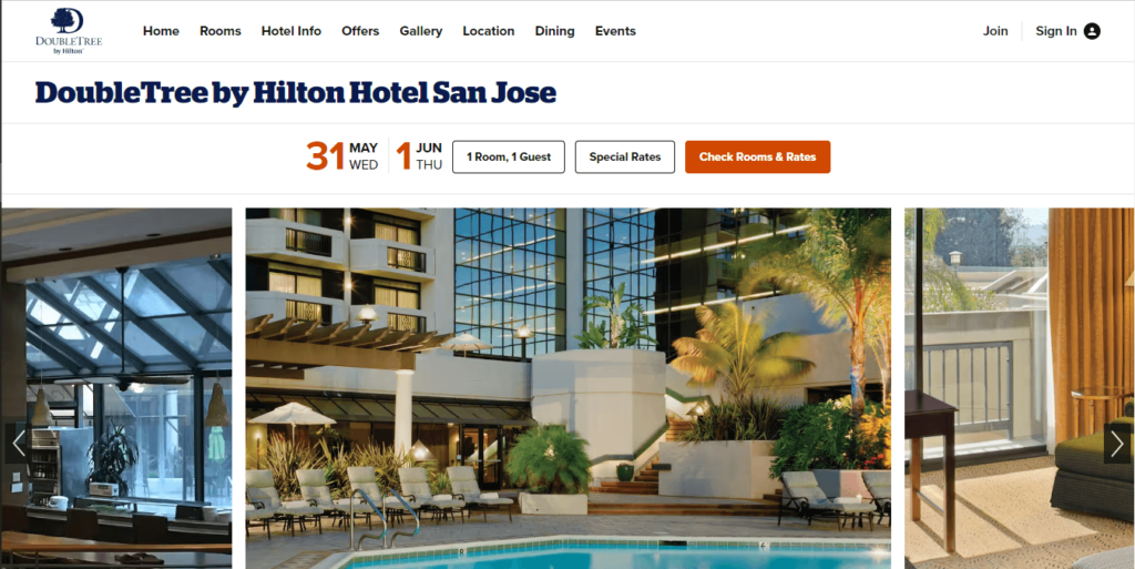Homepage of DoubleTree by Hilton Hotel San Jose / https://www.hilton.com/en/hotels/jose-dt-doubletree-san-jose/?SEO_id=GMB-AMER-DT-JOSEDT&y_source=1_MTM3Mjc4NS03MTUtbG9jYXRpb24ud2Vic2l0ZQ%3D%3D
