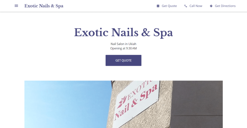 Homepage of Exotic Nails & Spa / https://website-5576213722535113661127-nailsalon.business.site/?utm_source=gmb&utm_medium=referral
