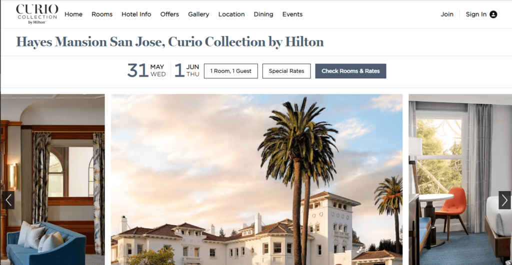 Homepage of Hayes Mansion San Jose / https://www.hilton.com/en/hotels/sjchmqq-hayes-mansion-san-jose/?SEO_id=GMB-AMER-QQ-SJCHMQQ&y_source=1_MTYyODk4ODMtNzE1LWxvY2F0aW9uLndlYnNpdGU%3D
