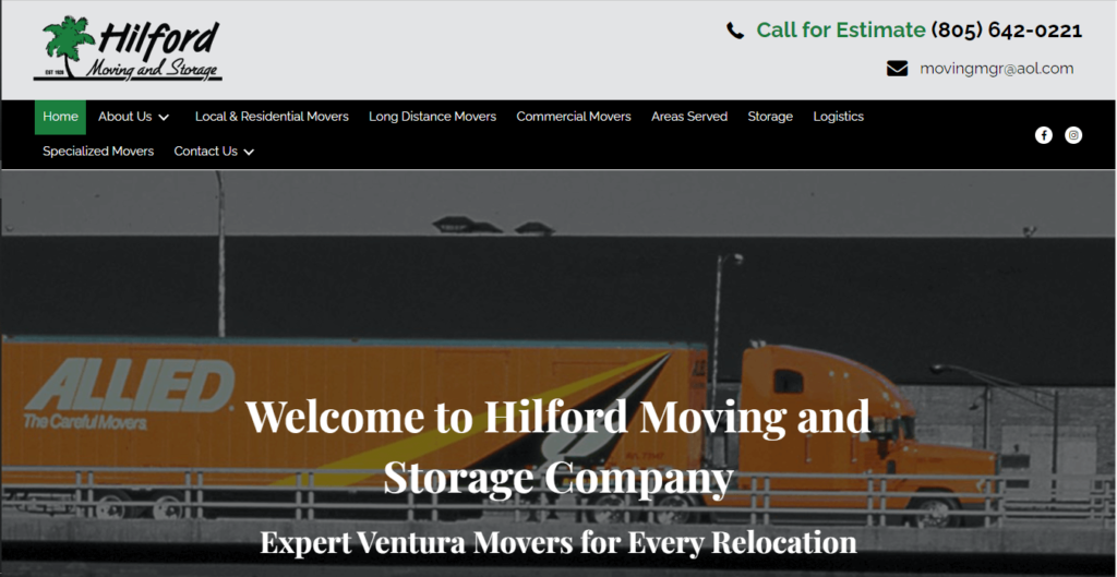 Homepage of Hilford Moving & Storage, Inc. / https://hilfordmoving.com
