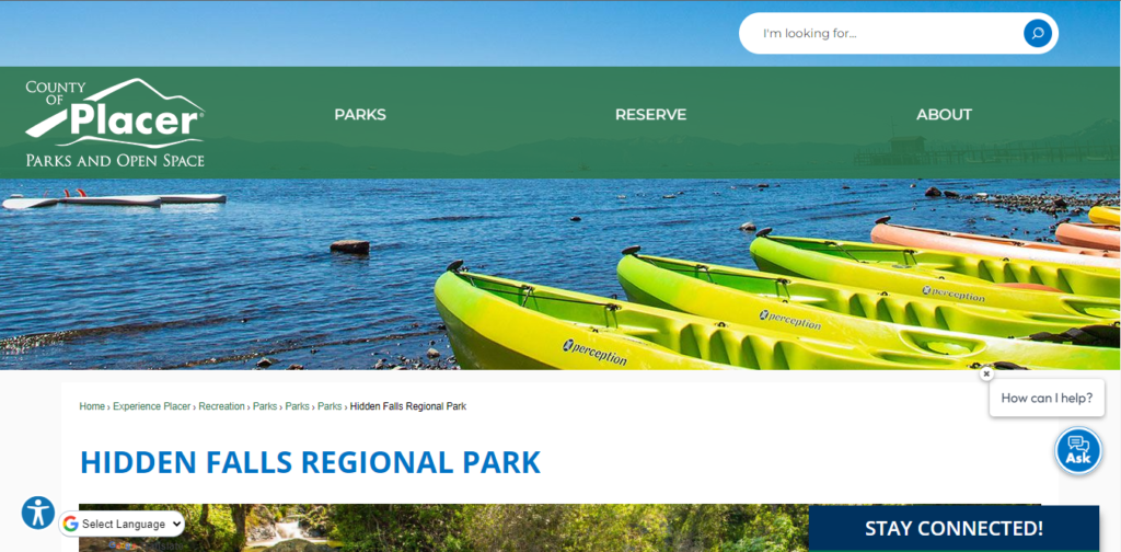 Home Page Of Hidden Falls Regional Park / https://www.placer.ca.gov/6106/Hidden-Falls-Regional-Park
Link: https://www.placer.ca.gov/6106/Hidden-Falls-Regional-Park
