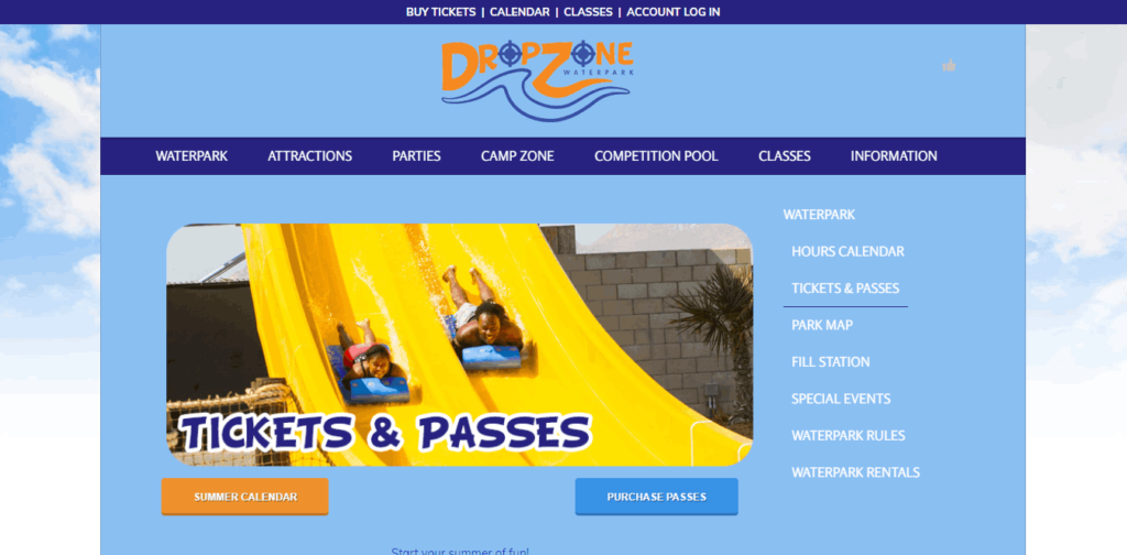 Homepage Of DropZone Waterpark / https://www.dropzonewaterpark.com/tickets-passes/
Link: https://www.dropzonewaterpark.com/tickets-passes/