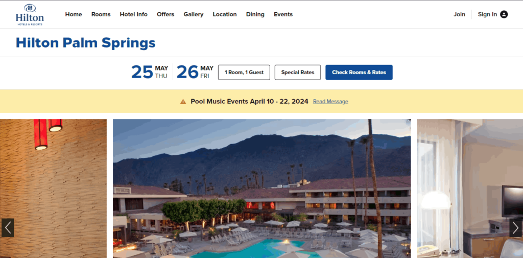 Homepage Of Hilton Palm Springs / https://www.hilton.com/en/hotels/psppshf-hilton-palm-springs/?SEO_id=GMB-AMER-HH-PSPPSHF&y_source=1_MTIyMDg5MS03MTUtbG9jYXRpb24ud2Vic2l0ZQ%3D%3D
Link: https://www.hilton.com/en/hotels/psppshf-hilton-palm-springs/?SEO_id=GMB-AMER-HH-PSPPSHF&y_source=1_MTIyMDg5MS03MTUtbG9jYXRpb24ud2Vic2l0ZQ%3D%3D
