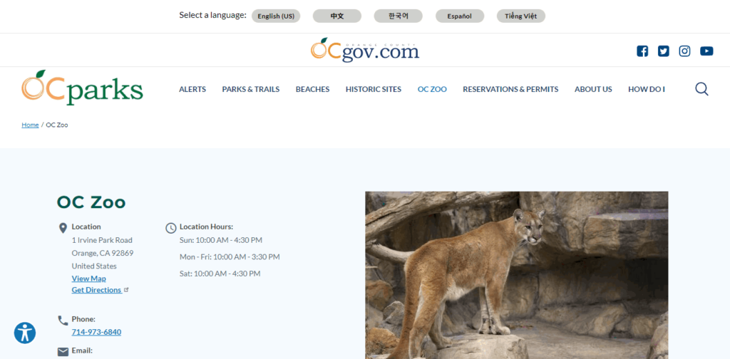 Homepage Of Orange County Zoo / https://www.ocparks.com/oc-zoo
Link: https://www.ocparks.com/oc-zoo