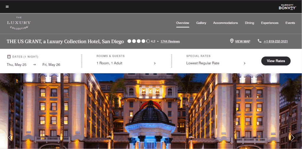 Homepage Of THE US GRANT, a Luxury Collection Hotel / https://www.marriott.com/en-us/hotels/sanlc-the-us-grant-a-luxury-collection-hotel-san-diego/overview/?scid=f2ae0541-1279-4f24-b197-a979c79310b0
Link: https://www.marriott.com/en-us/hotels/sanlc-the-us-grant-a-luxury-collection-hotel-san-diego/overview/?scid=f2ae0541-1279-4f24-b197-a979c79310b0
