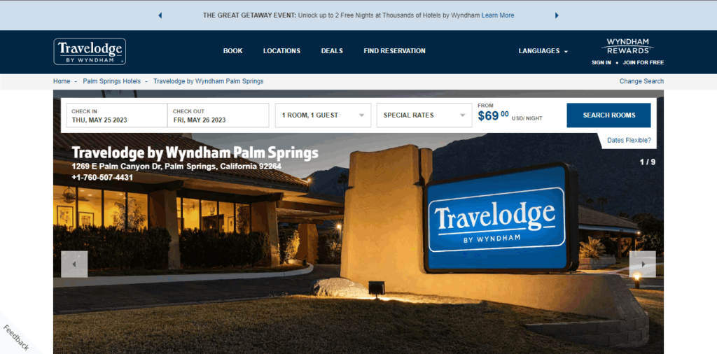 Homepage Of Travelodge by Wyndham Palm Springs / https://www.wyndhamhotels.com/travelodge/palm-springs-california/travelodge-by-wyndham-palm-springs/overview?CID=LC:TL::GGL:RIO:National:52591&iata=00093796
Link: https://www.wyndhamhotels.com/travelodge/palm-springs-california/travelodge-by-wyndham-palm-springs/overview?CID=LC:TL::GGL:RIO:National:52591&iata=00093796
