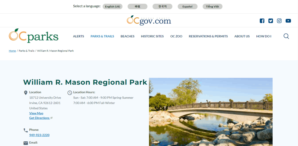 Homepage Of William R Mason Regional Park / https://www.ocparks.com/masonpark
Link: https://www.ocparks.com/masonpark