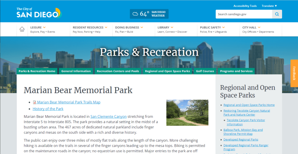 Homepage of Marian Bear Memorial Park / https://www.sandiego.gov/park-and-recreation/parks/osp/marianbear
