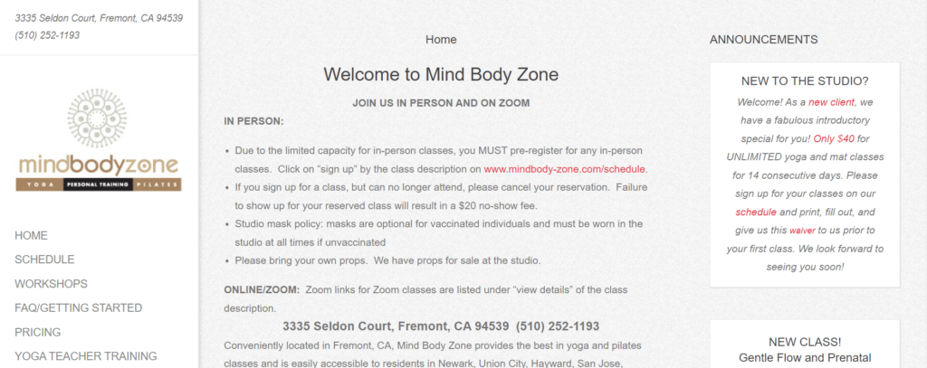 Homepage of Mind Body Zone LLC / mindbody-zone.com