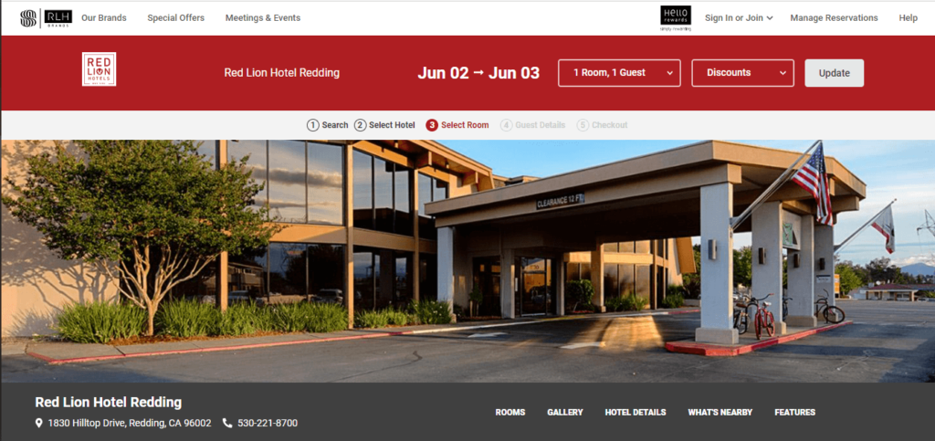 Homepage of Red Lion Hotel Redding / https://www.redlion.com/red-lion-hotels/ca/redding/red-lion-hotel-redding
